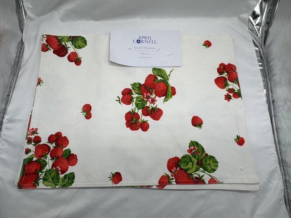 April Cornell Strawberry Fruit Placemats Set Of 4 White Cotton Kitchen Decor